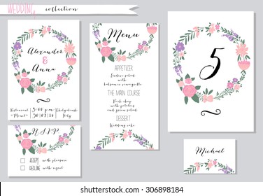 Ilustração vetor.Coleção de modelos de convite de casamento com flores rosa. Casamento, casamento, salve a data. Design simples e elegante. 