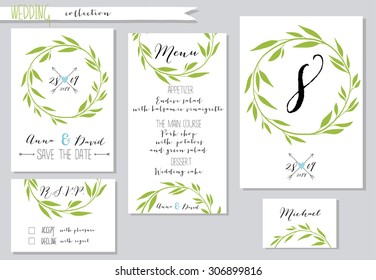 Vector illustration.Collection of wedding invitation templates with pink flowers. Wedding, marriage, save the date. Stylish simple design. 