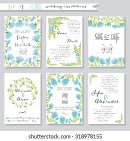 Vector illustration.Collection of wedding invitation templates with pink flowers. Wedding, marriage, save the date. Stylish simple design.