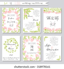Vector illustration.Collection of wedding invitation templates with pink flowers. Wedding, marriage, save the date. Stylish simple design.
