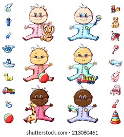 Vector illustration.colorful baby sketch set. Girl.