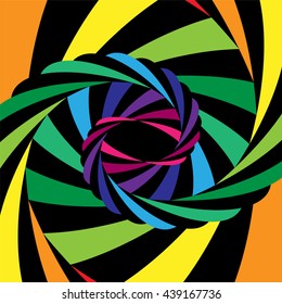 Vector Illustration.Colorful and Black Striped Vortex Converging to the Center. Optical Illusion of Depth and Motion. Suitable for Web Design.