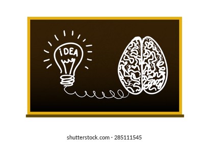 Vector illustration.Concept idea. Brain and lamp is connected. Drawing on the blackboard