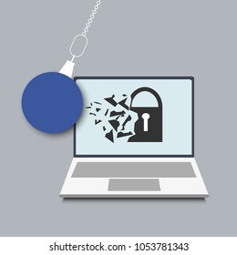 Vector illustration.Conept of damaged lock on private laptop.Computer hacking.