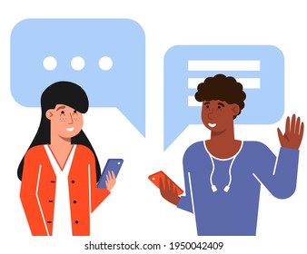 Ilustración vectorial.Un par de mensajes de texto para jóvenes a través de un mensajero en línea. El tipo y la chica se comunican en Internet. Caracteres pequeños junto a un smartphone grande. Ilustración de vectores