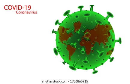 vector illustration,covid-19 green colonal virus icon and there is a red world map on the surface,on a white background