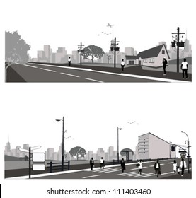 Vector illustration.Crowd of people walking on a street.