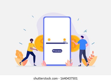 Vector Illustration,Cryptocurrency Exchange Concept, Showing Business people holds golden Bitcoin and dollar coin to exchange, Suitable for landing page, UI, web, App intro card, flyer,and banner