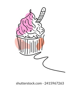Vector Illustration.Cupcake Doodle.one line continuous drawing. Hand drawn linear silhouette icon. Minimal desig for print, banner, card, wall art poster, postcard.With Fashionable Pastel  EPS 10