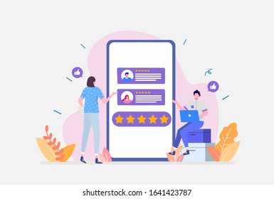 Vector Illustration,Customer Review Concept, Showing Different people give a review rating, Suitable for landing page, ui, web, App intro card, editorial, flyer,and banner