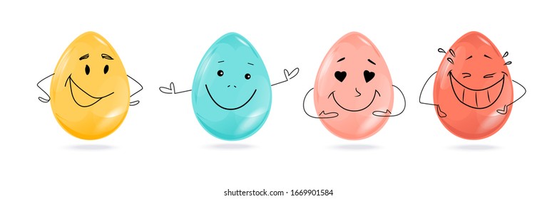  Vector illustration.Cute and funny eggs with different emotions, dedicated to Happy Easter Day