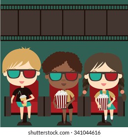 Vector illustration.Cute Kids in the movie theater with popcorn and drinks