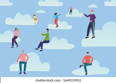 Ilustración vectorial.Los cutos están comprometidos en una reunión usando un servicio en la nube.Concepto de comunicaciones y tecnologías digitales.
