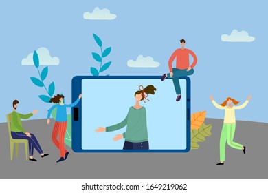 Ilustración vectorial.Personas cortas ven la transmisión en línea en una tablet. Concepto de formación en línea y entretenimiento en línea.