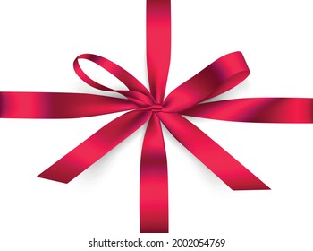 Vector illustration.Decorative red ribbon bow, realistic holiday rope isolated on white background with transparent shadow.