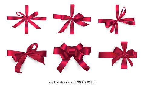 Vector illustration.Decorative set red ribbon bow, realistic holiday rope isolated on white background with transparent shadow.