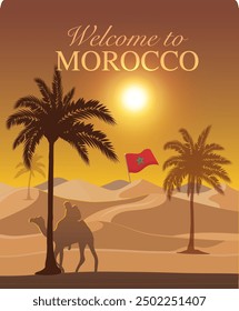 Vector illustration.Desert of Morocco poster, banner, brochure. cover, postcard. Modern design, minimalism, flat design. Tourism.