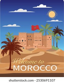 Vector illustration.Desert of Morocco poster, banner, brochure. cover, postcard. Modern design, minimalism, flat design. Tourism. Africa