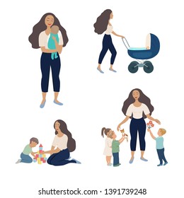 Vector illustration.Different sketches of mother and children.Set.Mother holding baby,walking with stroller,playing with cubes,taking gift from her kids.Isolated on white background