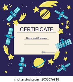 vector illustration.diploma. Certificate of a vector school or kindergarten with a futuristic space world of the galaxy.Children's design with an alien plate, a template for the achievement award fram