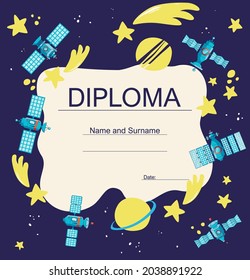 vector illustration.diploma. Certificate of a vector school or kindergarten with a futuristic space world of the galaxy.Children's design with an alien plate, a template for the achievement award fram