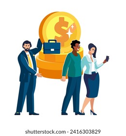 Vector illustration.Dollars, money, business  concept for investment.People, Africans American man, woman and Europeans businessman, carry gold coins for financing, investors.Earnings, monetary reward