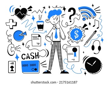 Ilustración vectorial. Estilo doodle, hombre, trabajo, finanzas, café, tiempo.