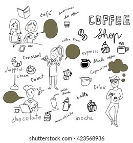 ilustración vectorial-estilo doodle de la gente en la cafetería como charla de chicas, camarera, reunión de personas, hombre con laptop. Se incluyen las palabras relativas al menú de café, la nube de ideas, las bombillas de ideas