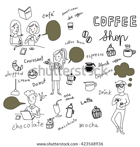vector illustration-doodle style of people in coffee shop such as girl talk, waitress, people meeting, man with laptop. Wordings regarding coffee menu, think cloud, idea cloud, idea bulbs are included