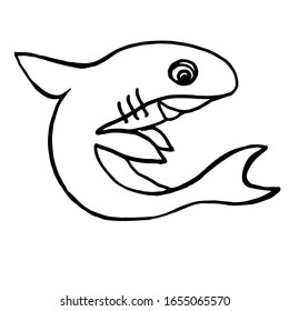 Vector illustration.Drawing shark on an isolated white background.Design of a children`s tattoo, coloring, print of clothes.