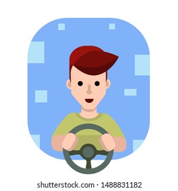 Vector illustration.Driver funny guy with red hair and long bangs, wearing a green shirt on a blue background. Clip art.