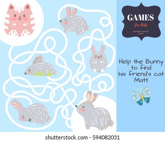 Vector Illustration.Easter bunny.Funny maze or labyrinth game for children.Help the bunny to find cat. Kids learning games collection.