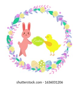 Vector illustration.Easter greeting card. Cute flat illustration with rabbit, chicken, Easter eggs, flower wreath, berries, leaves. Isolated on white background. Can be used for animations, web design