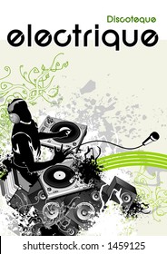 vector illustration,electronic music events,underground party flyer,print, dj with headphones & two turntable mixing beats,moving loudspeakers,microphone,grunge background with detailed floral design