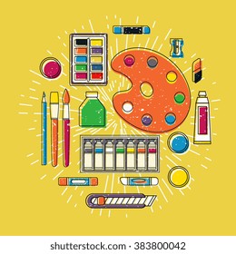 Vector illustration/emblem/placard/banner design - Art supplies with texture effect in the circle. Painting tools including palette, pastel, tubes, knife, watercolor, calligraphy pens ect.