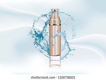 Vector illustration,empty bronze gold package for cosmetic products with pump, tube for lotion, tonic, cream. Realistic mockup of glass container with batcher. Abstract stylish gradient background.