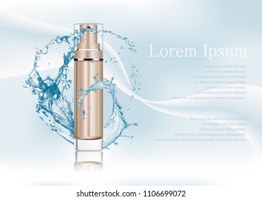 Vector illustration,empty bronze gold package for cosmetic products with pump, tube for lotion, tonic, cream. Realistic mockup of glass container with batcher. Abstract stylish gradient background.