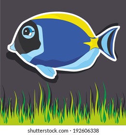 Vector illustrationf of a cartoon stickers of marine animals - blue fish