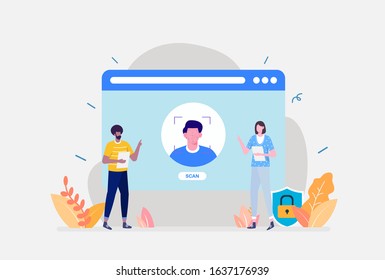 Vector Illustration,Face Recognition Technology Concept, Showing mobile apps and desktop with biometric face detection technology features, Suitable for landing page, ui, web, editorial, flyer