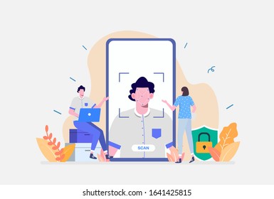 Vector Illustration,Face Recognition Technology Concept, Showing a mobile apps with biometric face detection technology features, Suitable for landing page, ui, web, App intro card, editorial, banner