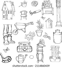 vector illustration,farmhouse set,household items,clock,chair,old gramophone,suitcases,garden shelf,watering can,flower and large flask,for design and decor