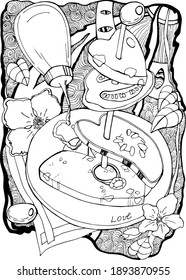VECTOR ILLUSTRATION,FESTIVE VEGETABLE SANDWICH WITH RING,TOMATO,CUCUMBER,BREAD,CHEESE,ON A PLATE,VALENTINES DAY,COLORING BOOK