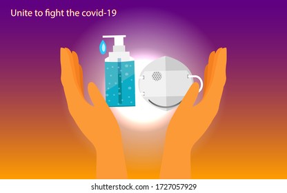 vector illustration.fight virus concept.covid-19,heart shaped hand gesture holding alcohol gel and hygiene masks