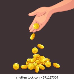 Vector illustration.Finance concept in flat style - stack of golden coins and human hands.Hand put coin to money staircase. Profit. Making money. For business and finance concept.