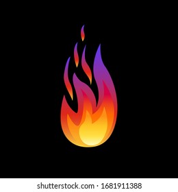 Icono de llama de fuego aislado en fondo negro. Concepto energético. Perfecto para página web, aplicación móvil, diseño de juegos, insignia, afiche, portada, impresión, volante, y estilo plano.