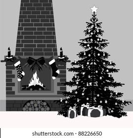 Vector illustration.Fireplace and christmas tree