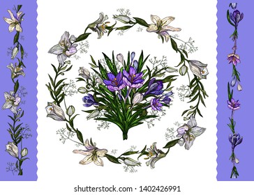 Vector illustration.Floral template  of easter floral bunch, one wreath  of lilies and crocuses and two vertical borders  isolated on white background.