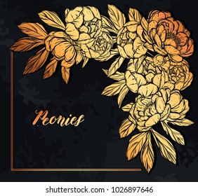 Vector illustration.Flower decoration of peonies. prints on T-shirts,card for you. background chalkboard, gold color.Handmade