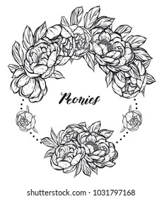 Vector illustration.Flower decoration of peonies. prints on T-shirts. background white,card for you.Handmade,wreath