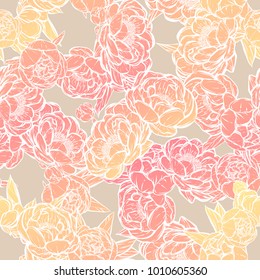 Vector illustration.Flower decoration of peonies.background light, prints on T-shirts,seamless pattern.Handmade,pink yellow color
